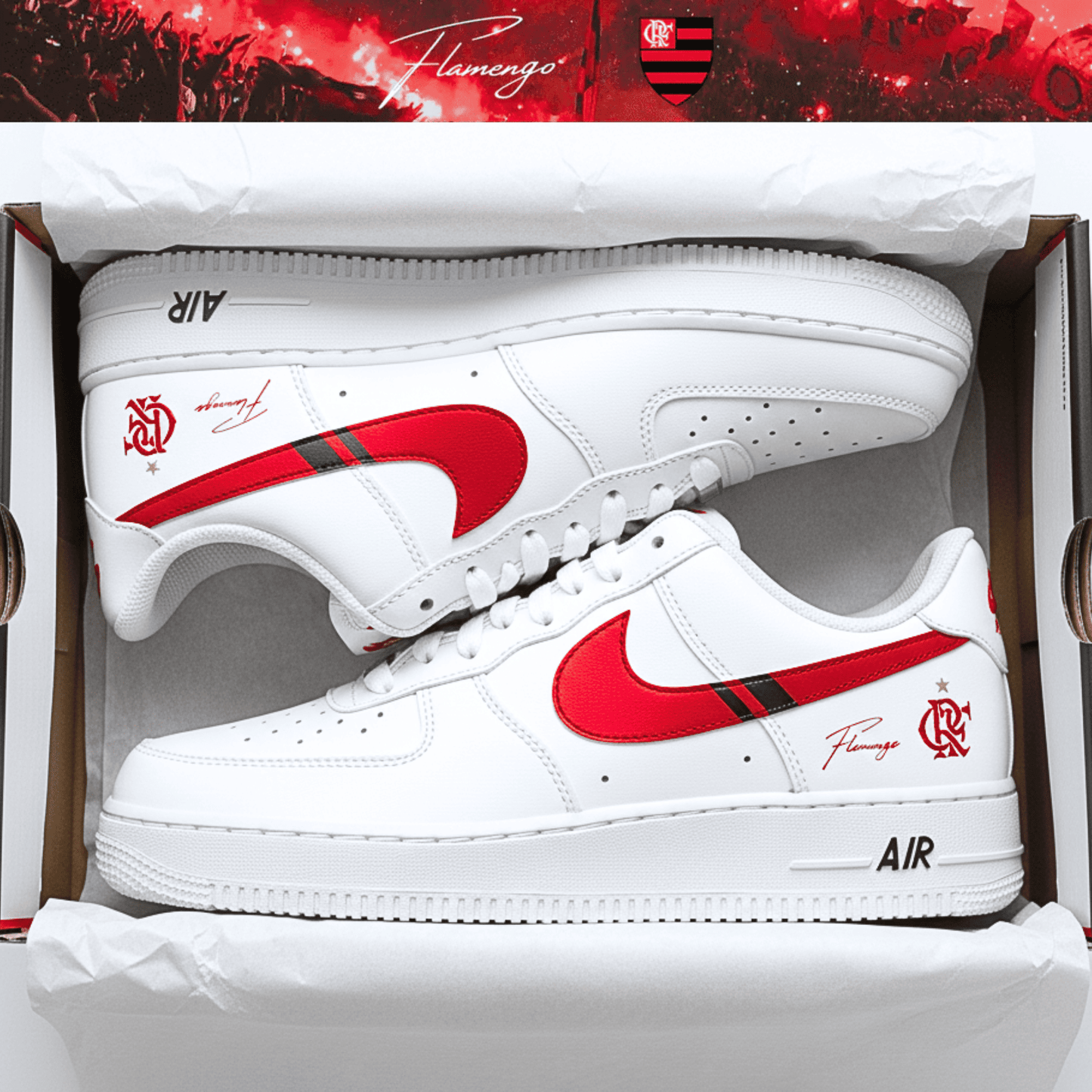 Exclusivo: Tênis NK Air Force White Customizado Mengão Multi Campeão 2025 + *BRINDE 1x Caneca Oficial* - EDIÇÃO LIMITADA